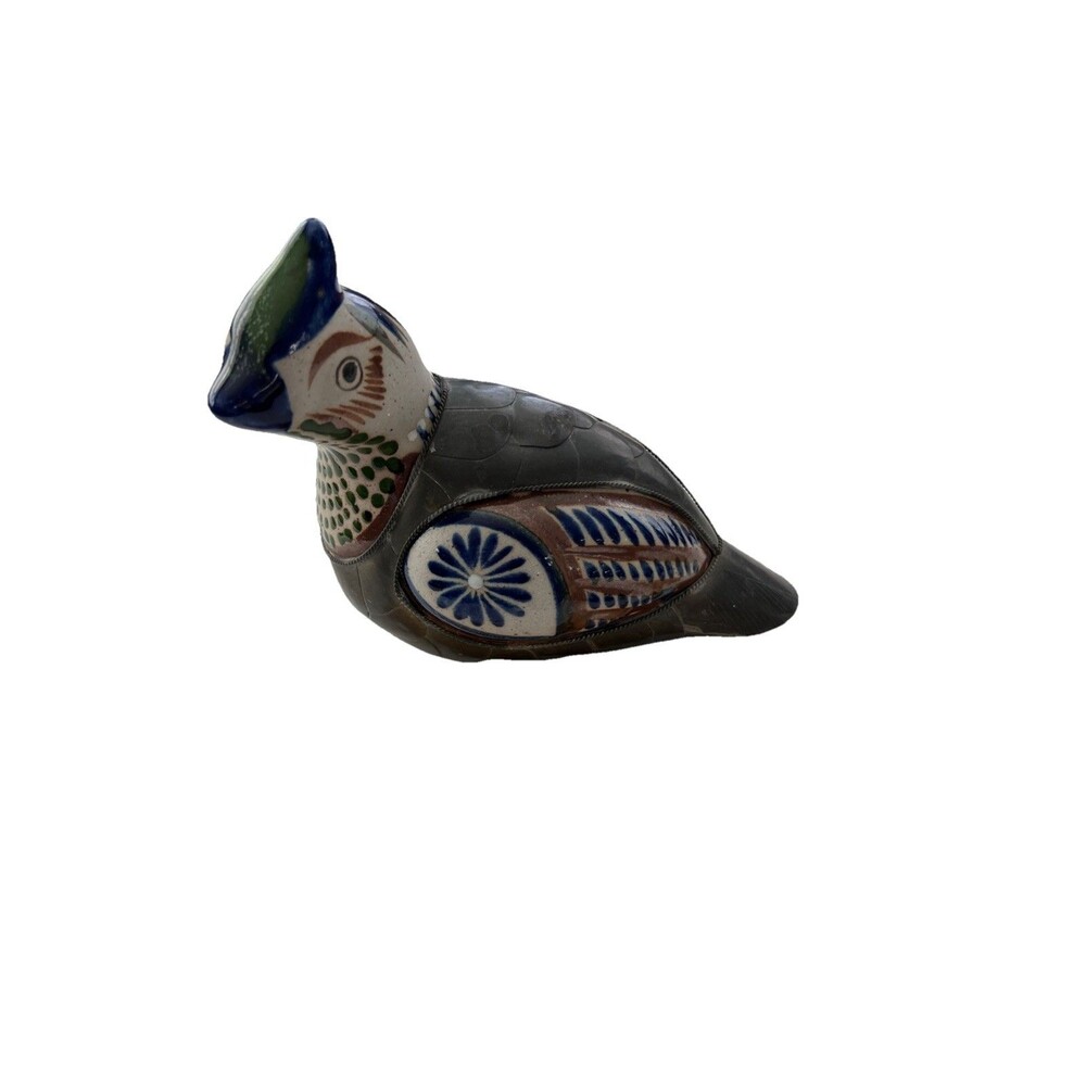 Mexican Folk Art Bird Figurine Armored Brass & Ceramic 6" Hand Painted Vtg. - Picture 7 of 7